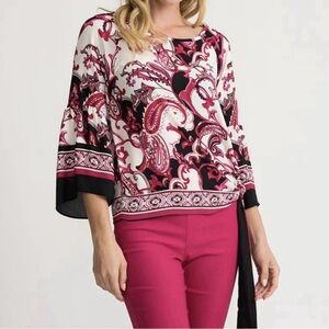 Joseph Ribkoff NWT Boho Paisley Top 14 3/4 Bell Sleeves Pink Black Side Tie